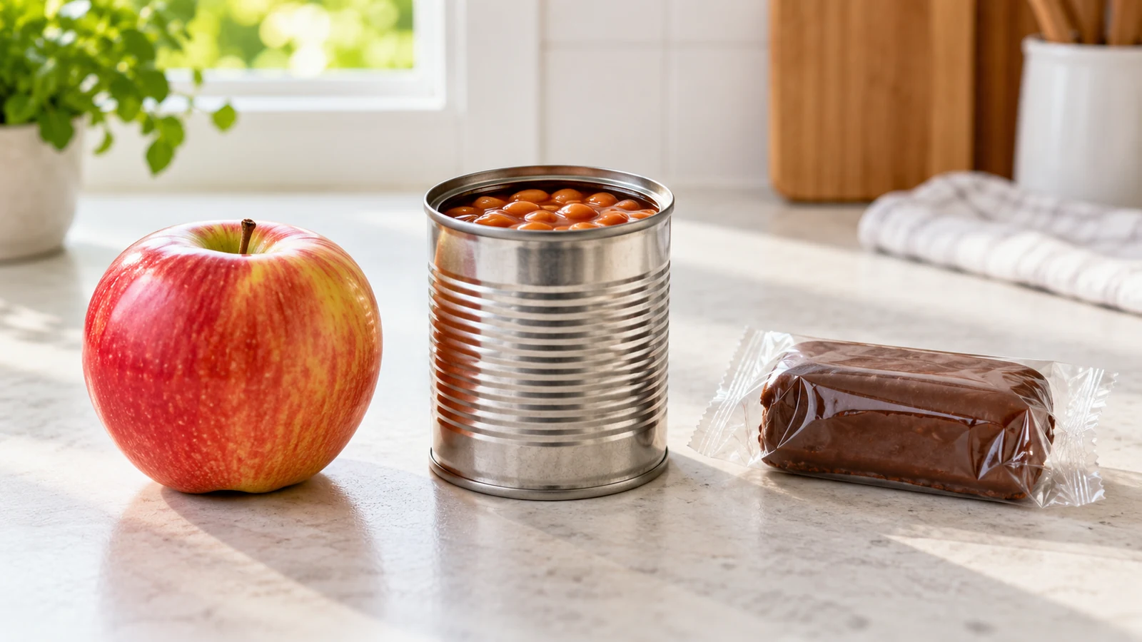 An apple, a can of beans, and a wrapped snack cake lined up on a counter.