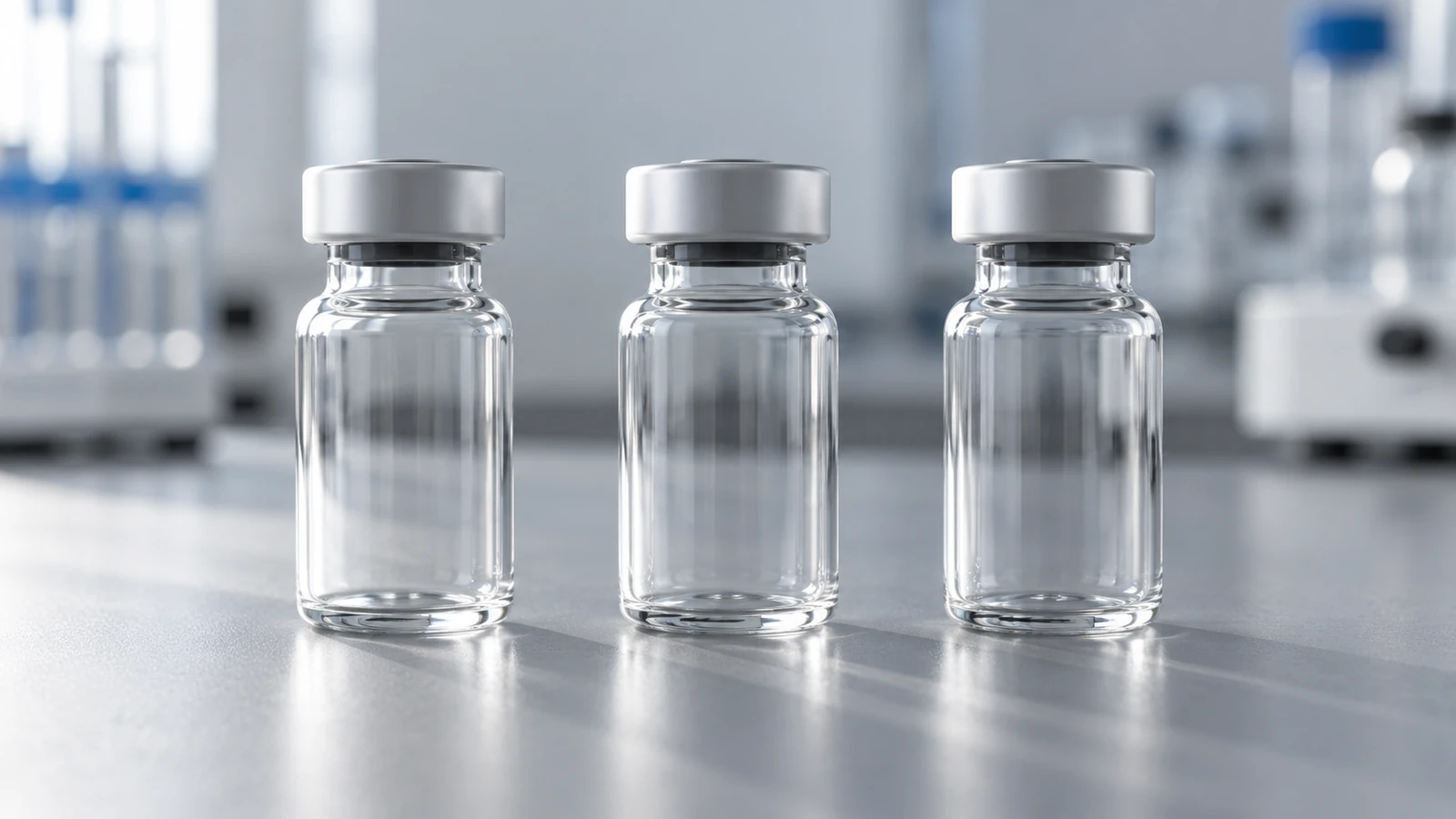 Three identical clear vials standing in a row on a matte lab bench.