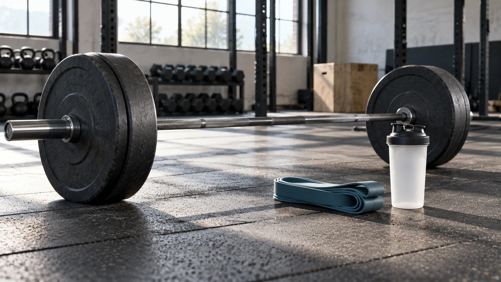 A loaded barbell resting on a gym floor beside a folded resistance band and a protein shaker.