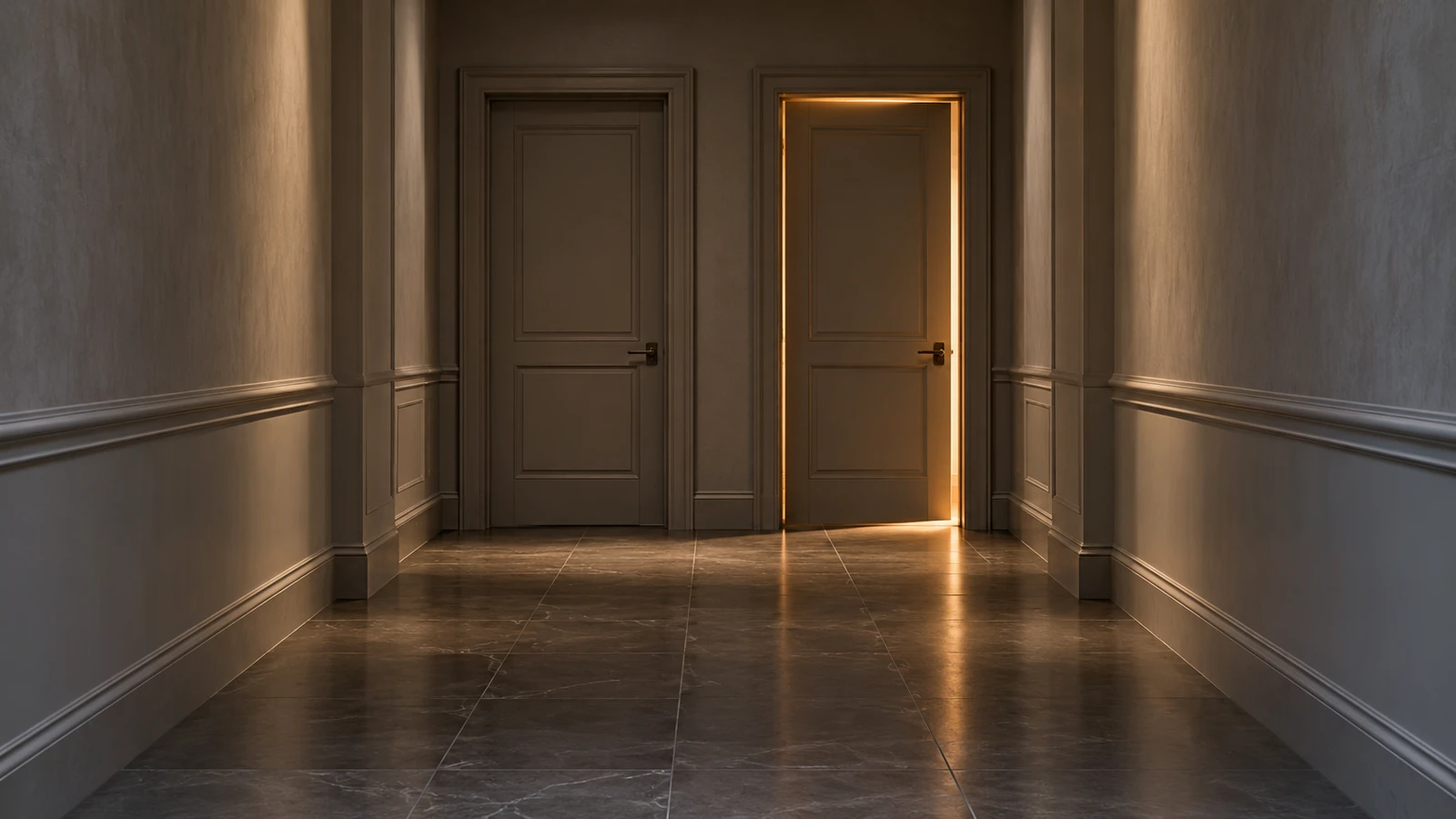 Two closed doors at the end of a dim corridor, one lit from behind.