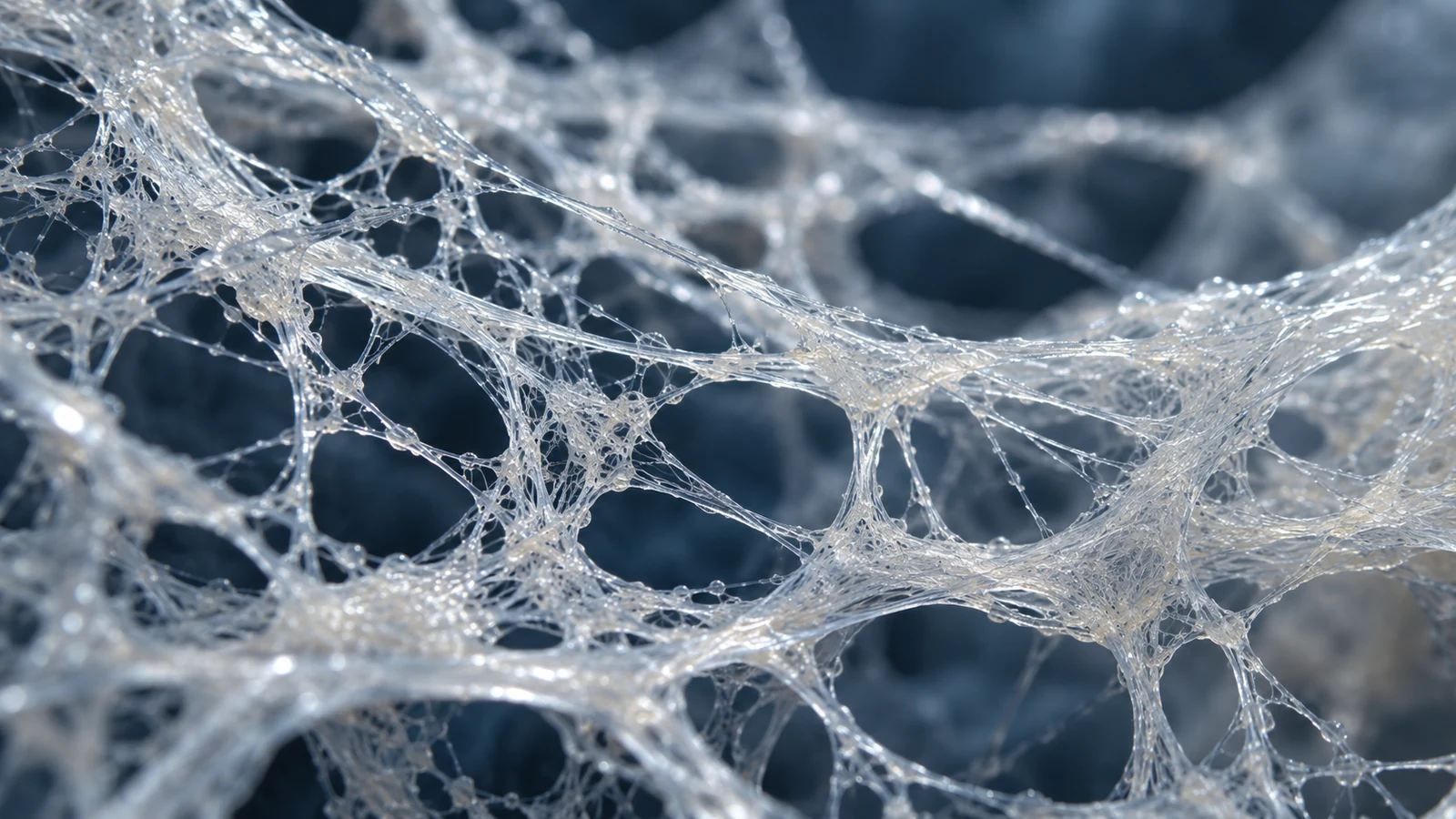 A macro of a translucent wet fibrin mesh, glassy filaments crossing in an irregular web against a dark blue background.