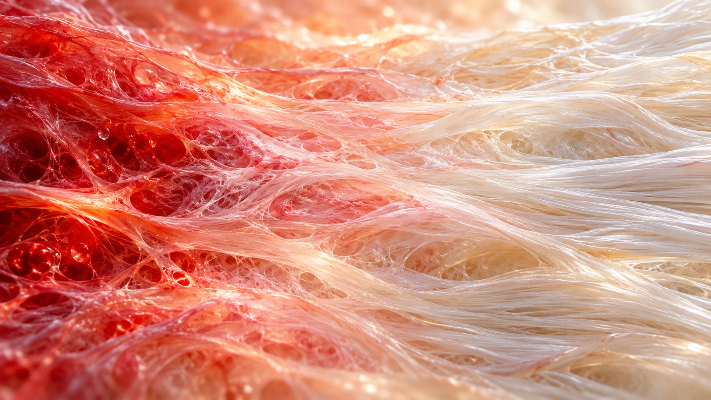 Close-up of tissue fibers transitioning from inflamed red to pale aligned repair bands.