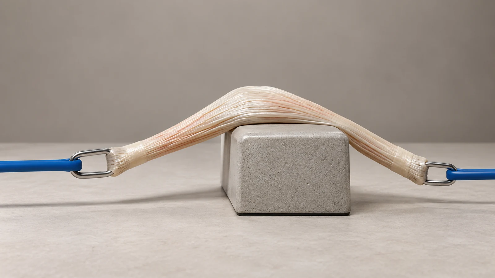 A bundle of pale fiber strung between metal clips on blue resistance bands, draped over a grey concrete block under tension.
