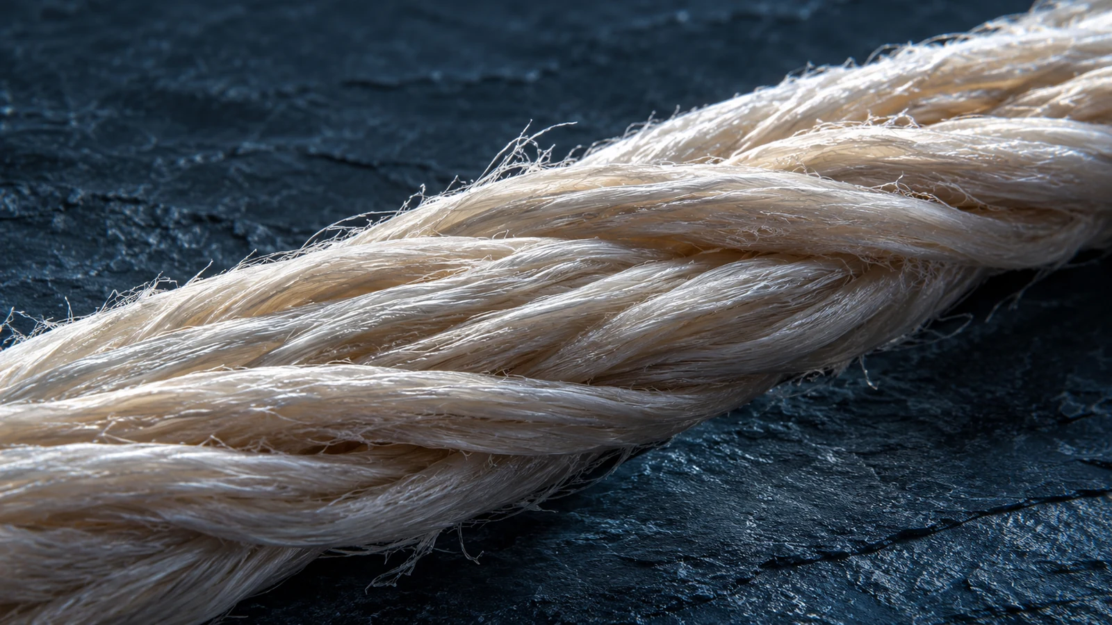 A macro of a thick twisted cable of pale bundled fibers lying diagonally across dark wet stone.