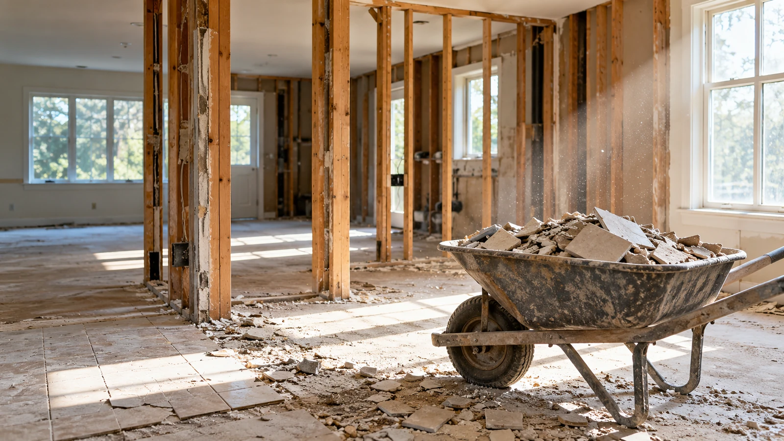 An interior mid-demolition with bare studs, hanging timber, and a wheelbarrow of broken tile.