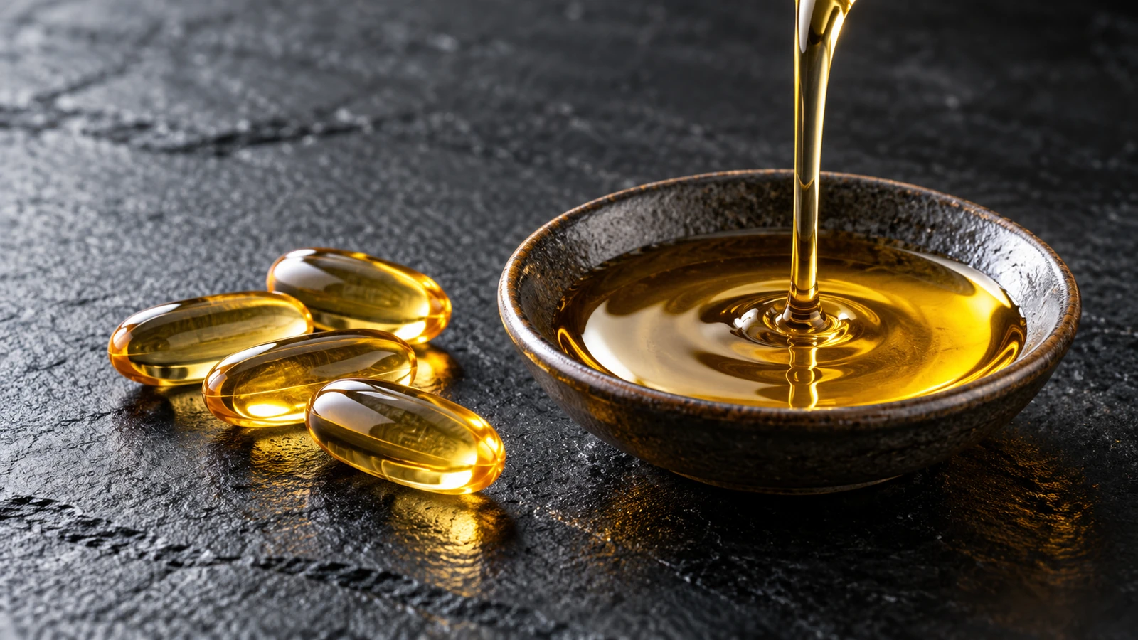 Cold-pressed oil pouring into a dark dish with golden capsules resting on a black surface.