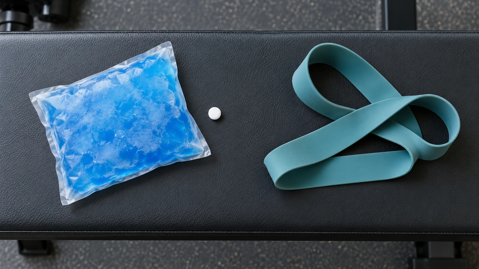 A blue ice pack and a folded teal resistance band on a dark bench.