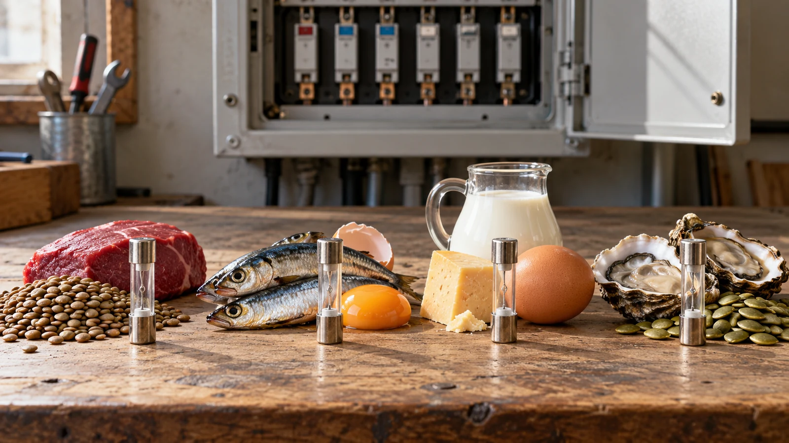 Four fuse-shaped vials standing among steak, sardines, milk, cheese, eggs, oysters, and pumpkin seeds in front of an open breaker box.