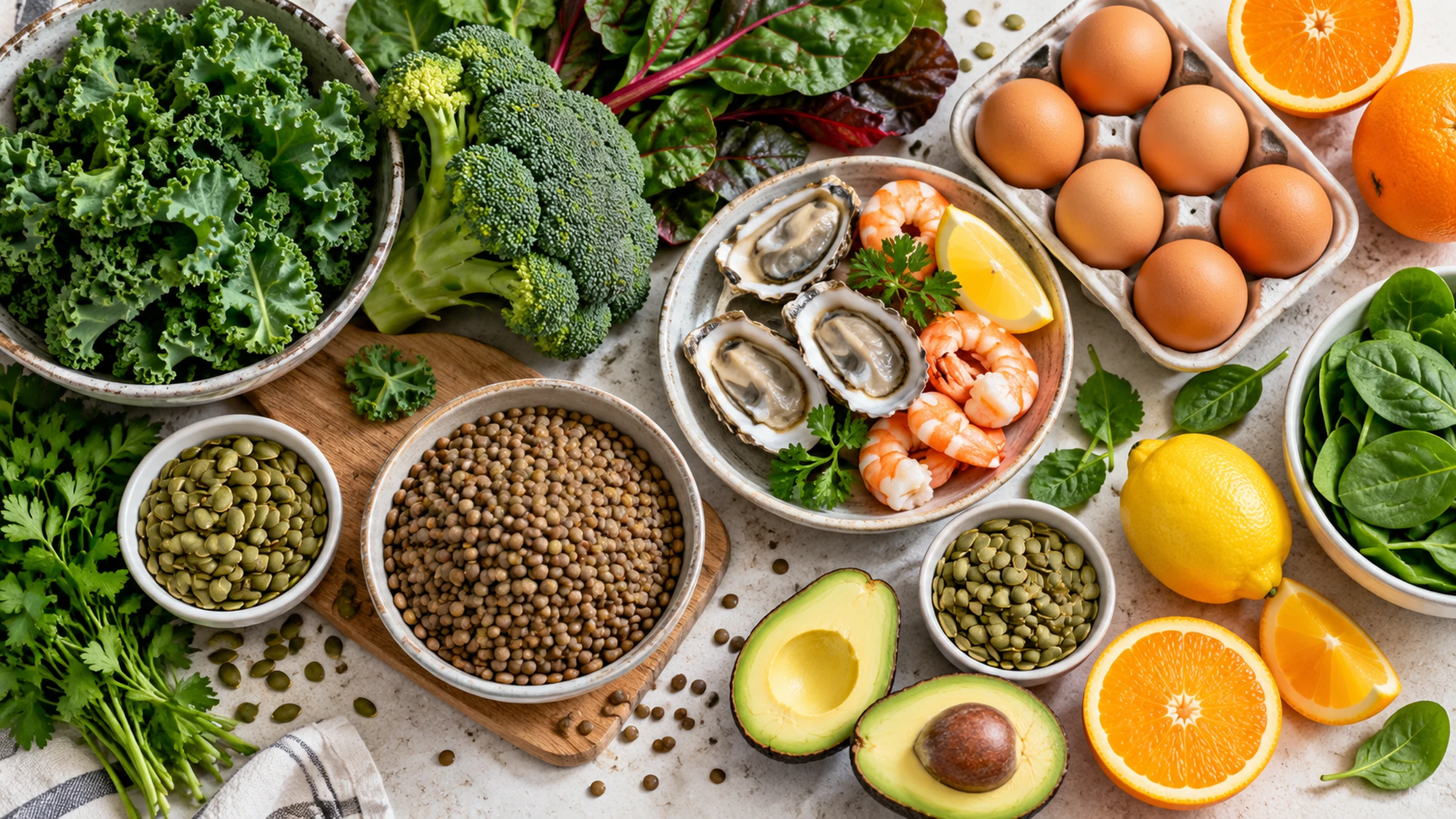 An overhead spread of greens, eggs, shellfish, lentils, avocado, citrus, and seeds on a pale surface.