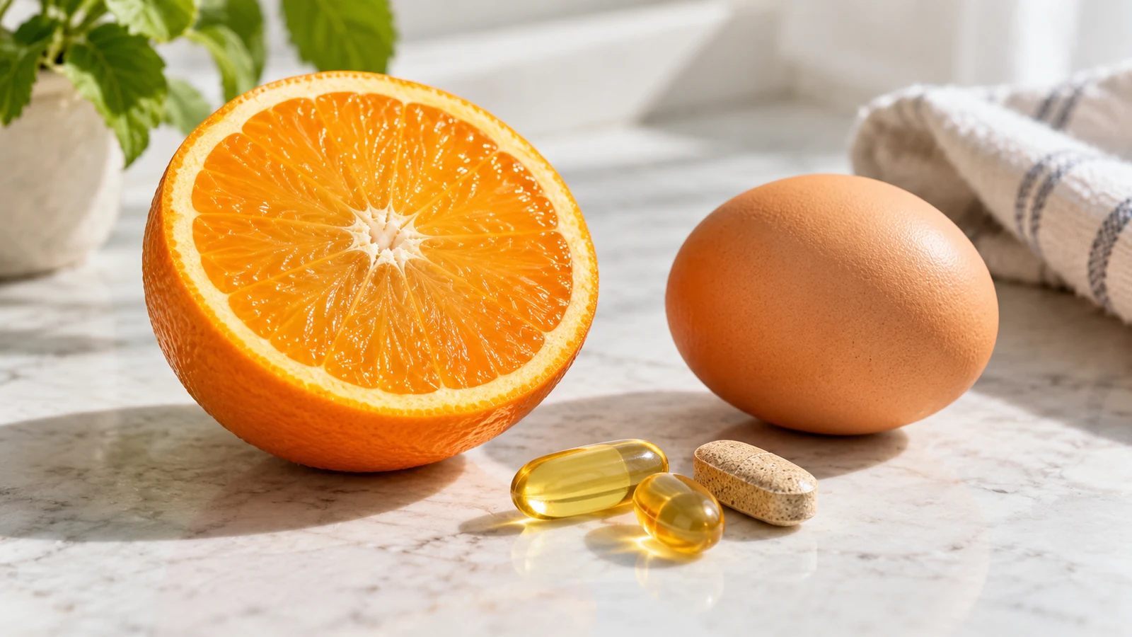 A halved orange beside a whole egg and a few softgel capsules on a pale counter.