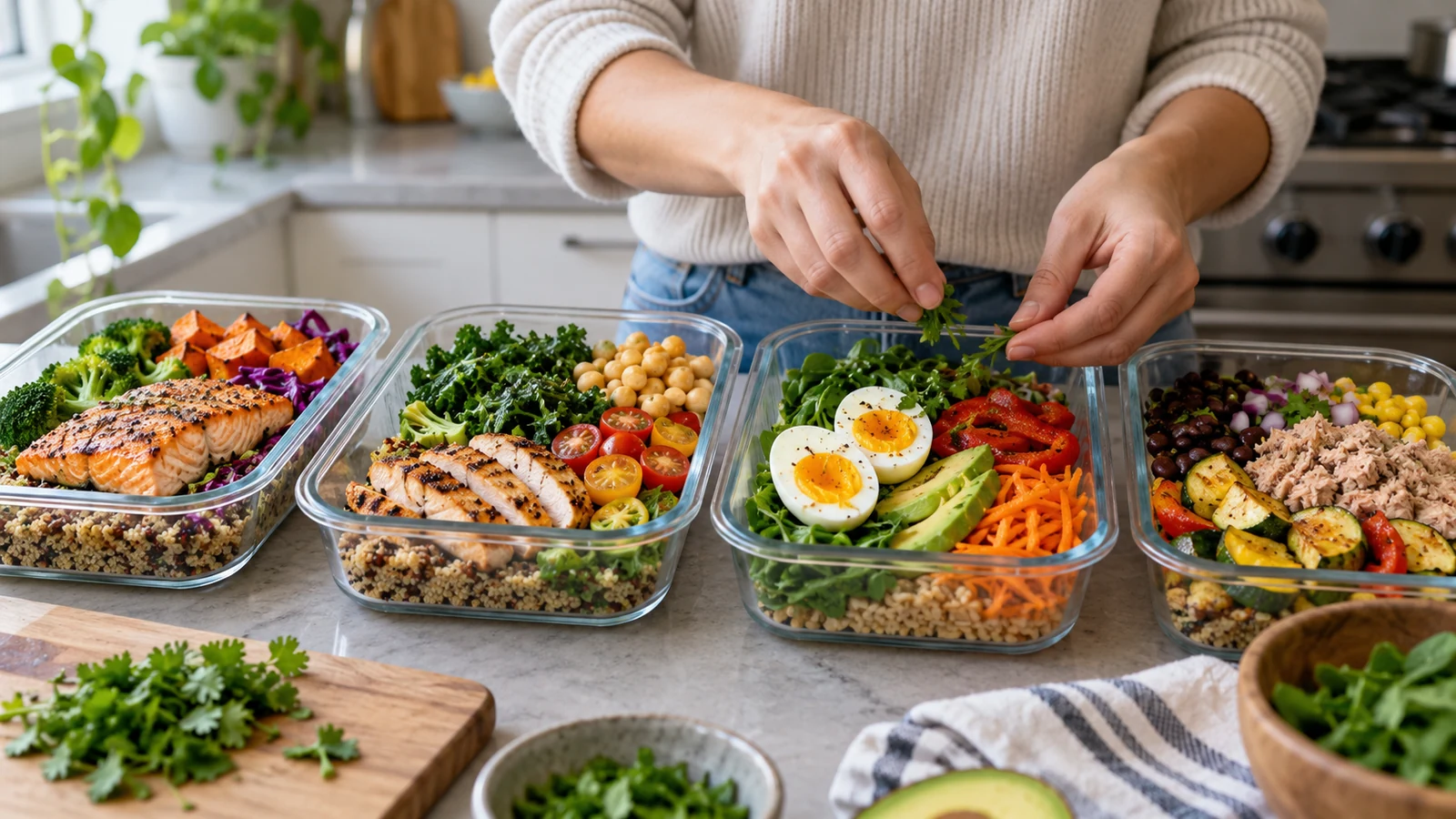 Hands assembling four glass meal-prep containers of salmon, chicken, eggs, and tuna with grains and vegetables on a marble counter.