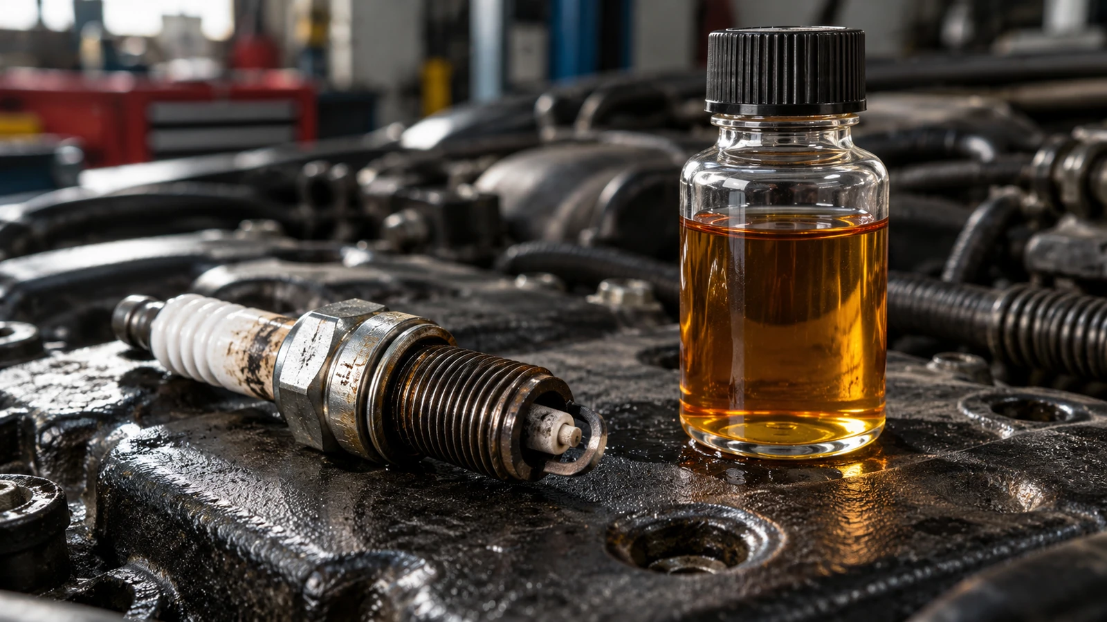 A worn spark plug resting on a dark engine block beside a small bottle of amber fuel additive.