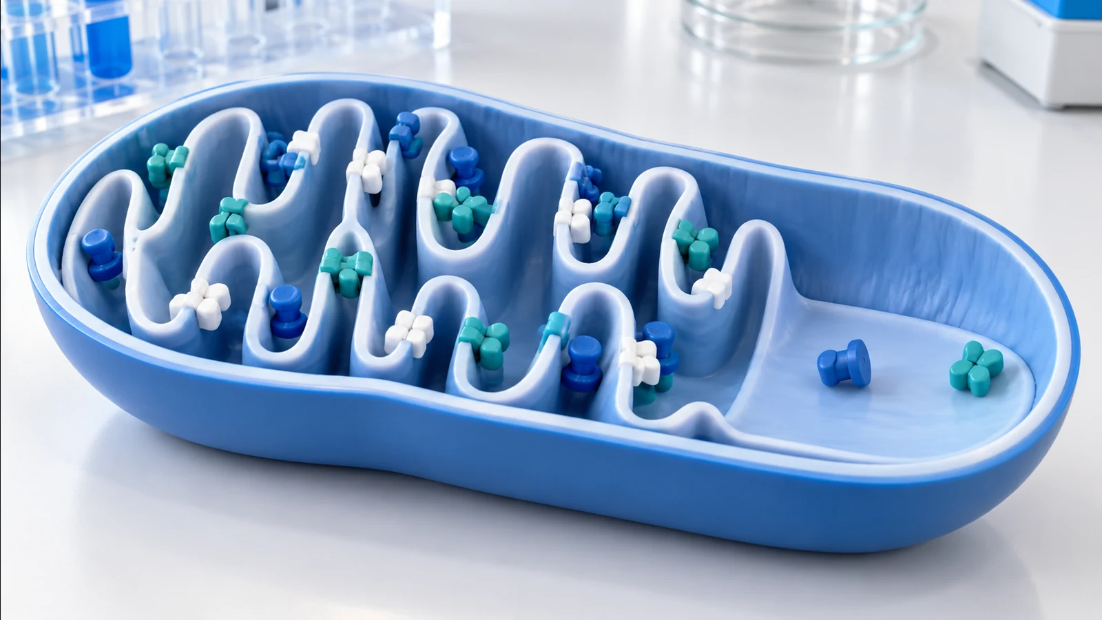 A blue cutaway model of a mitochondrion with folded inner ridges dotted with small blue, teal, and white markers on a lab bench.