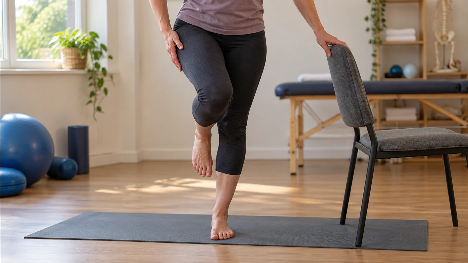 A barefoot person balancing on one leg on a mat with a hand on a chair back in a studio.