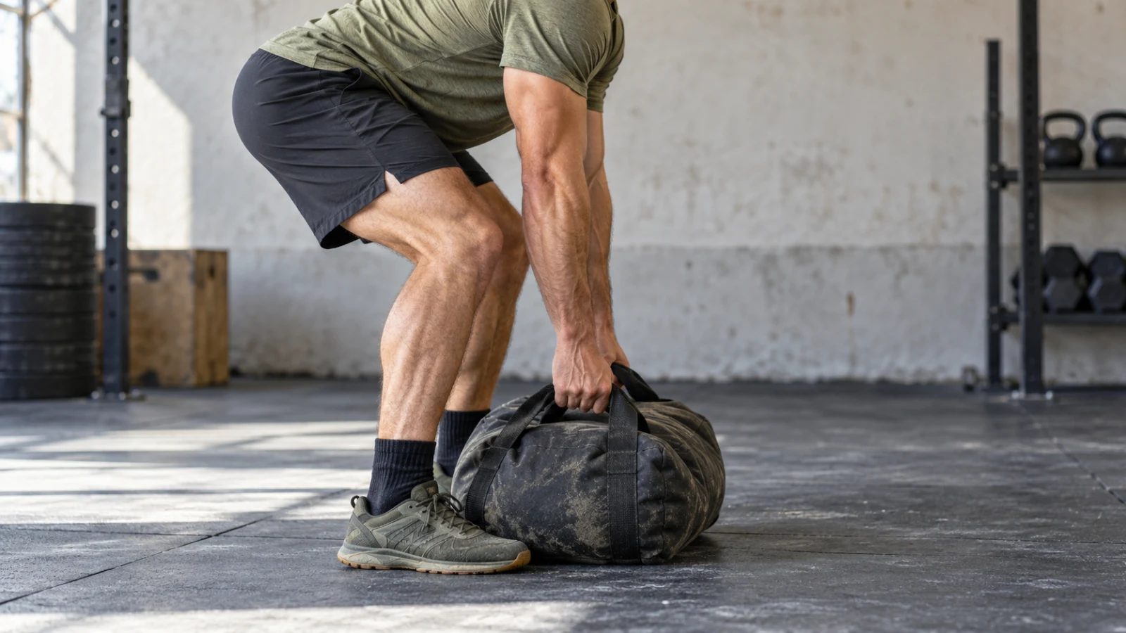 A man hinging to lift a heavy sandbag from a gym floor.