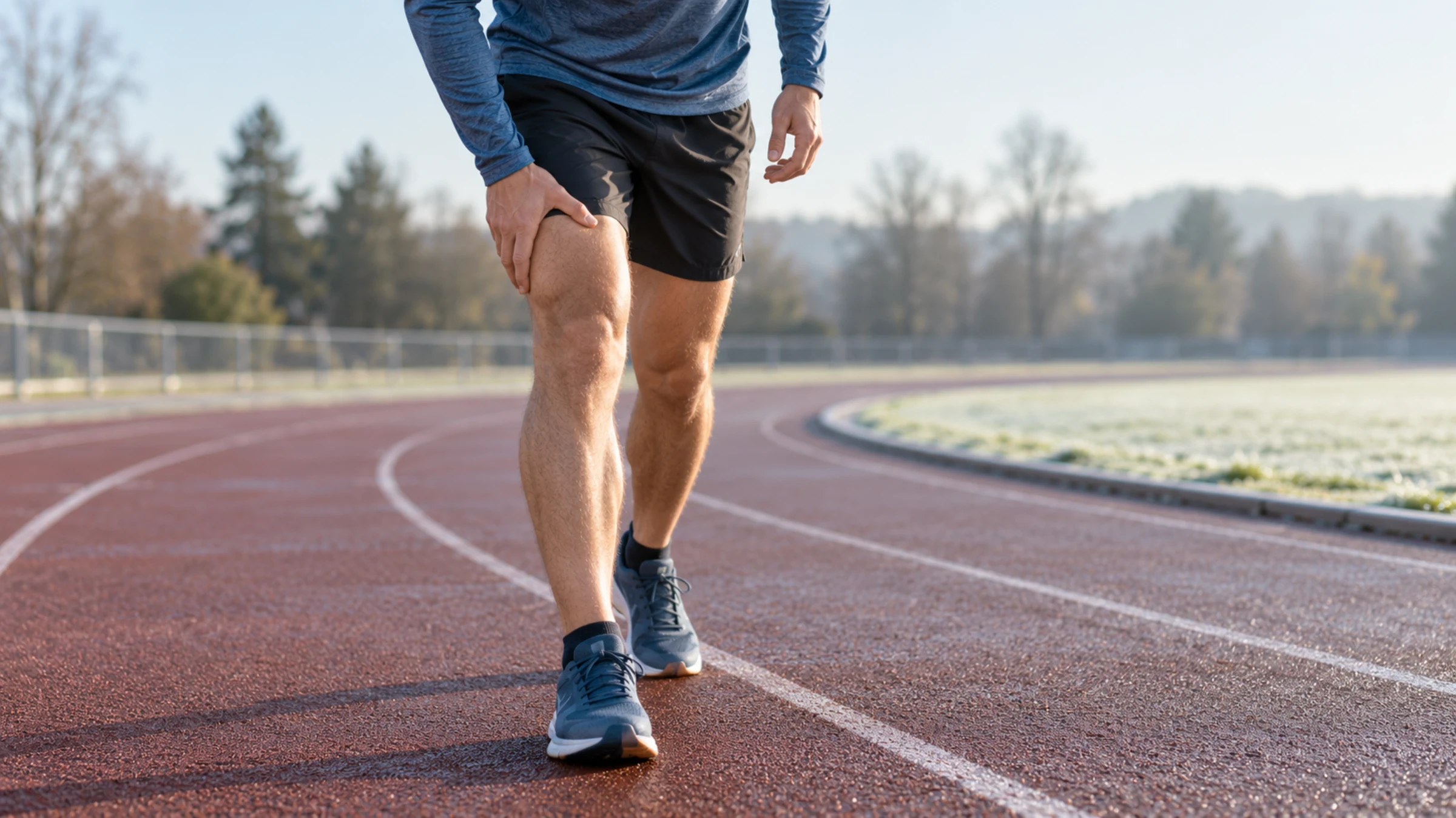 A runner on an outdoor track bending to hold a hand to the thigh.