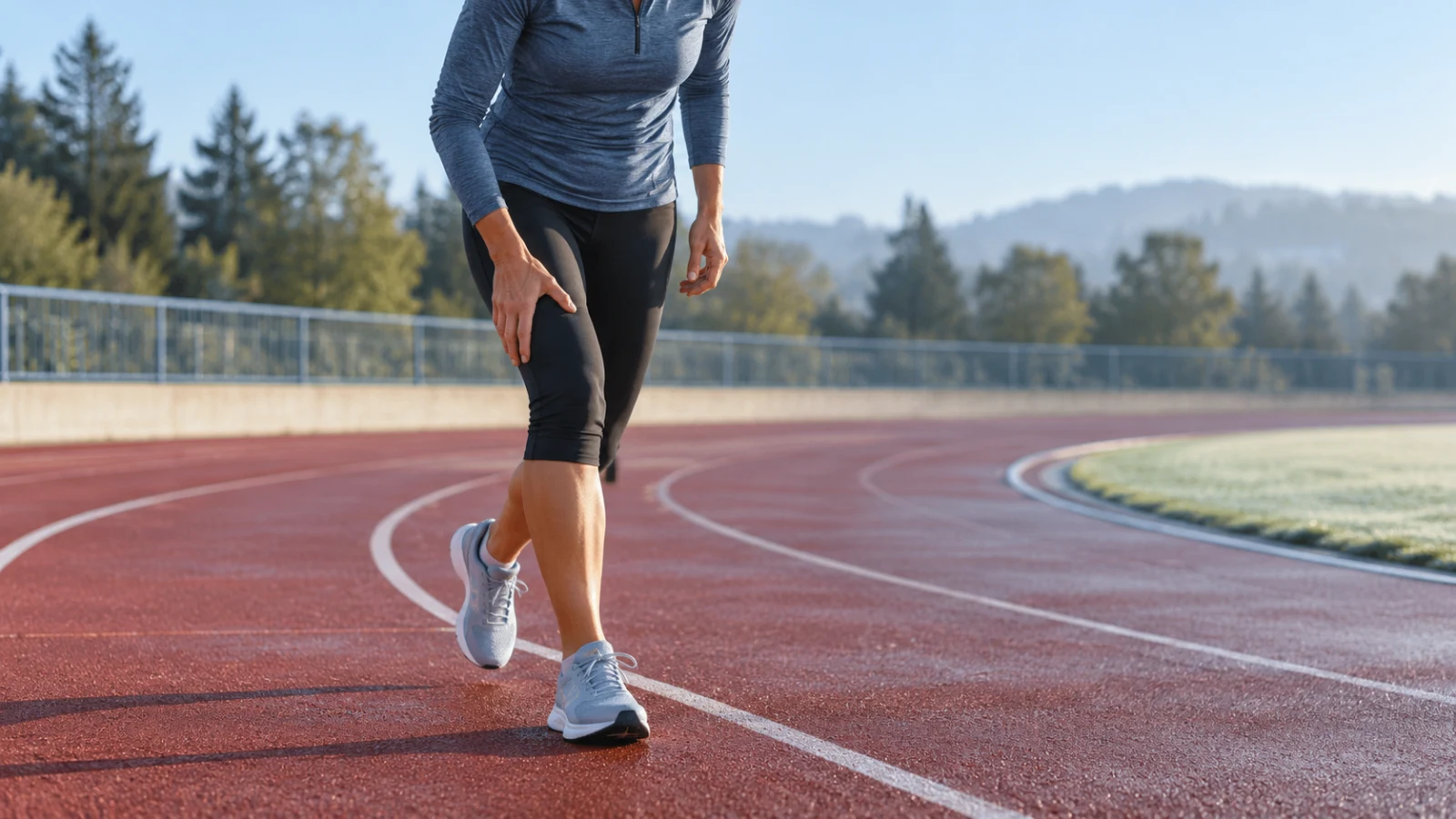 A woman on an outdoor track holding the back of her thigh.