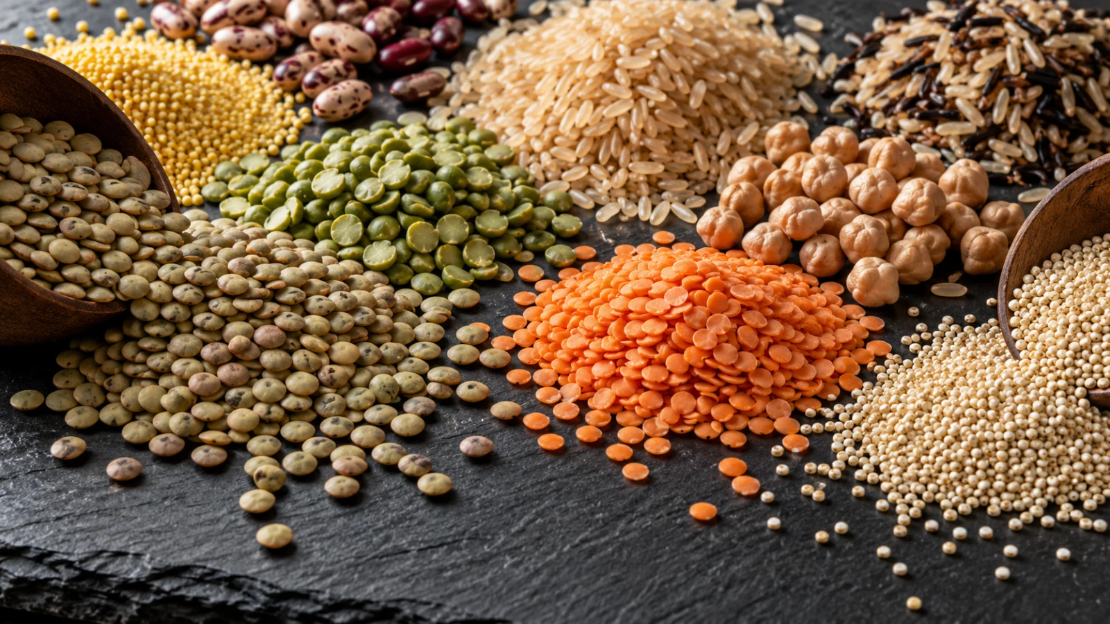 A dark surface spread with separated piles of dried lentils, chickpeas, beans, and grains.