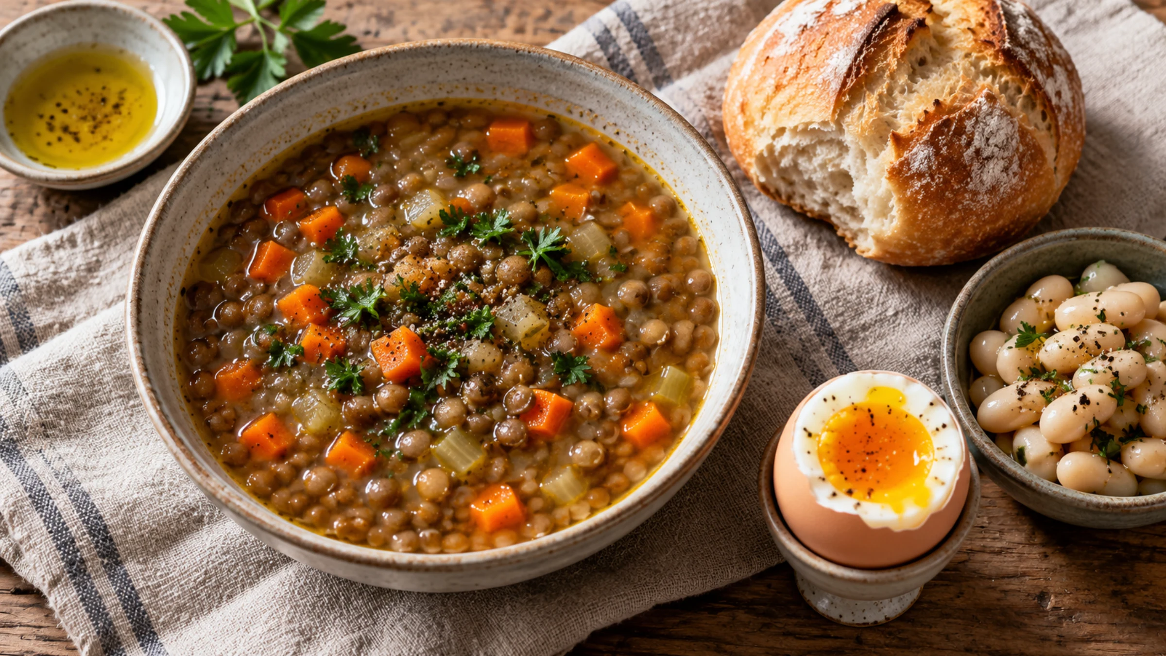 A bowl of lentil and vegetable soup beside a crusty roll, a halved egg, and a dish of white beans.