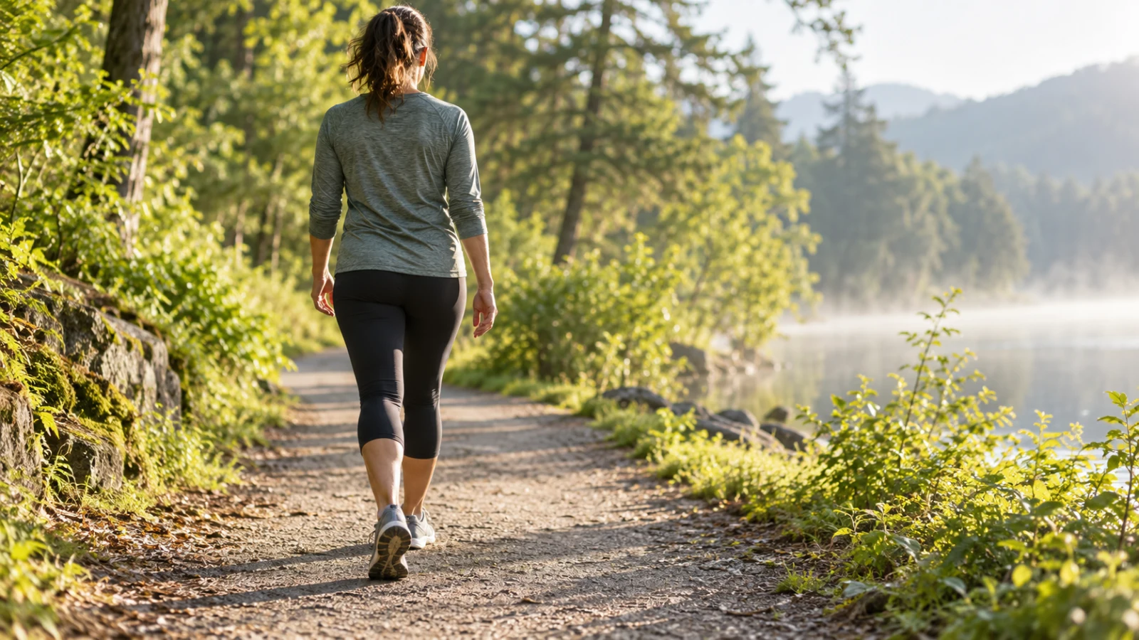 A walker on a wooded trail in soft morning light, seen from behind.