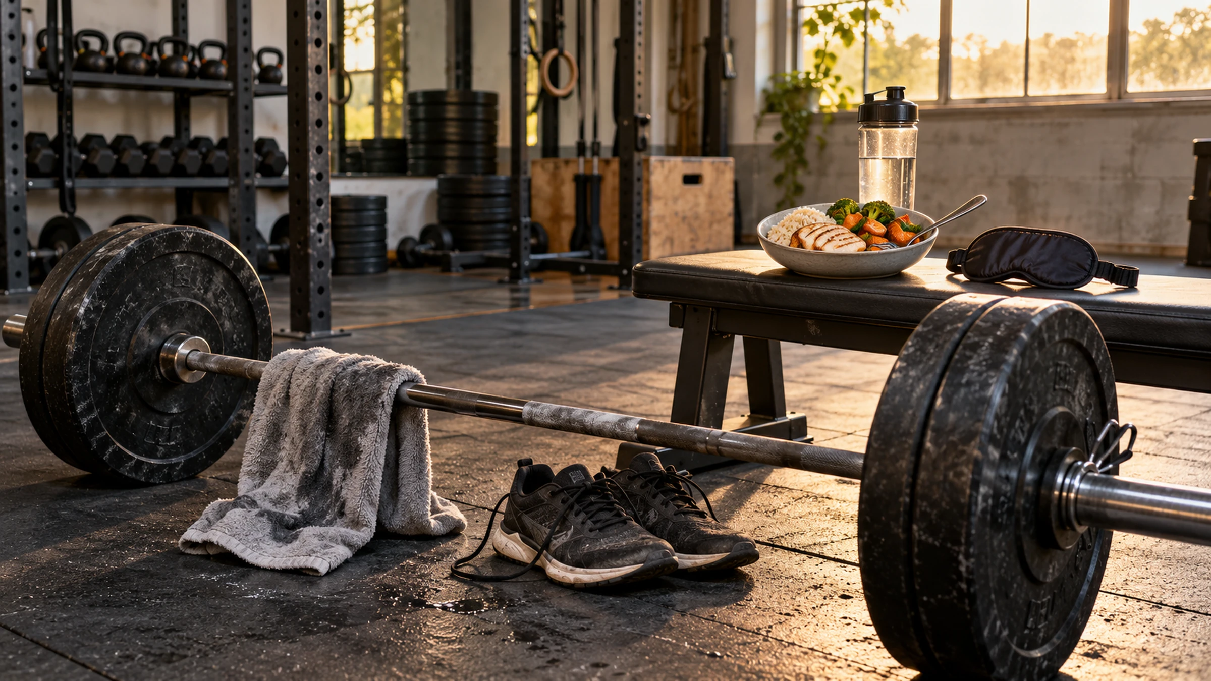 A loaded barbell with a towel draped over it beside running shoes and a bench holding a meal, a water bottle, and a sleep mask.