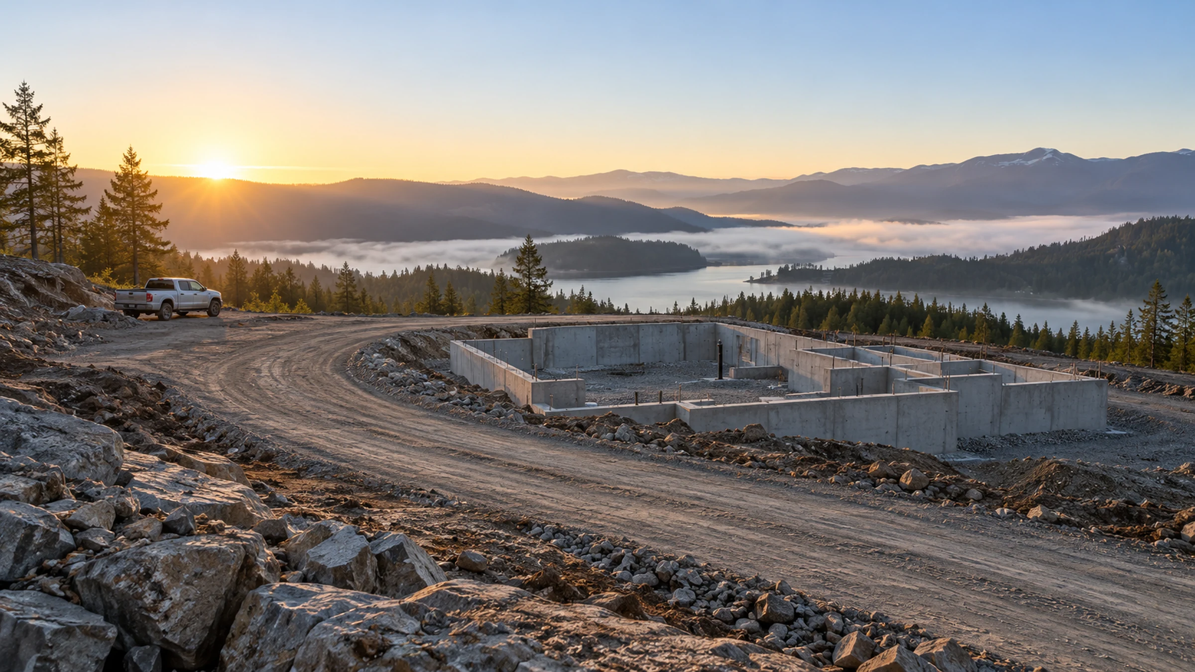 A remote construction site at dawn with a graded road toward a bare foundation and mist beyond.