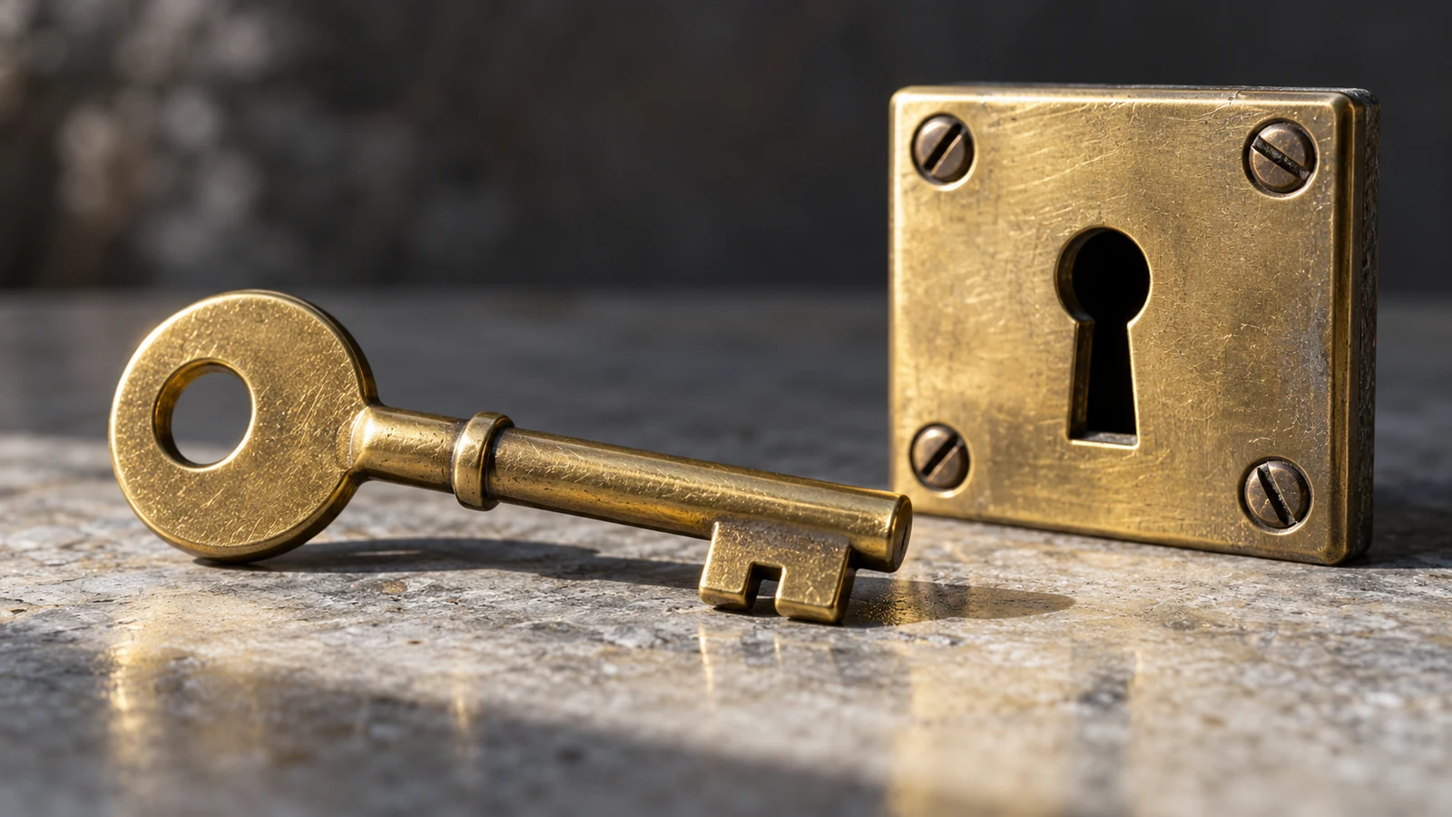 An antique key resting before a brass lock plate.