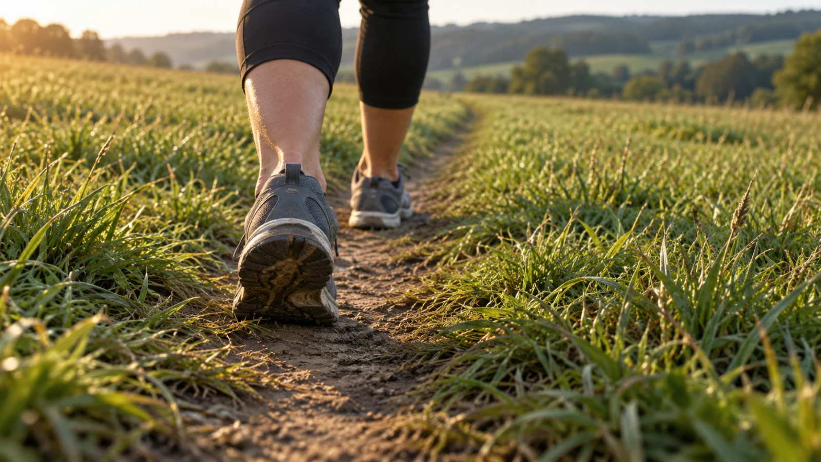A walker following a narrow trodden path through a green field.