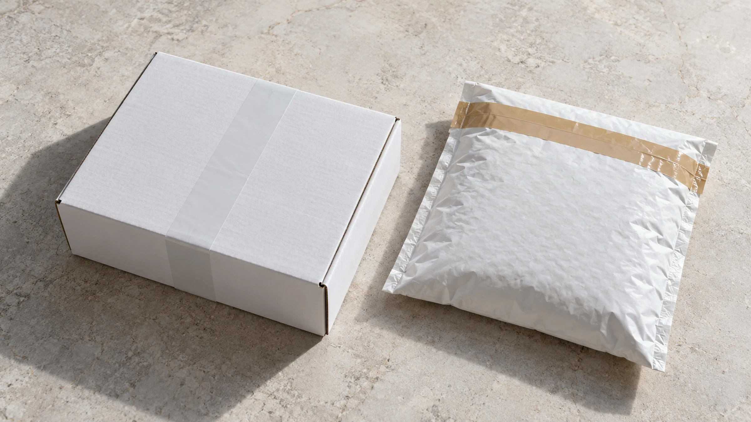 A plain white carton beside a padded white mailer on a stone surface.