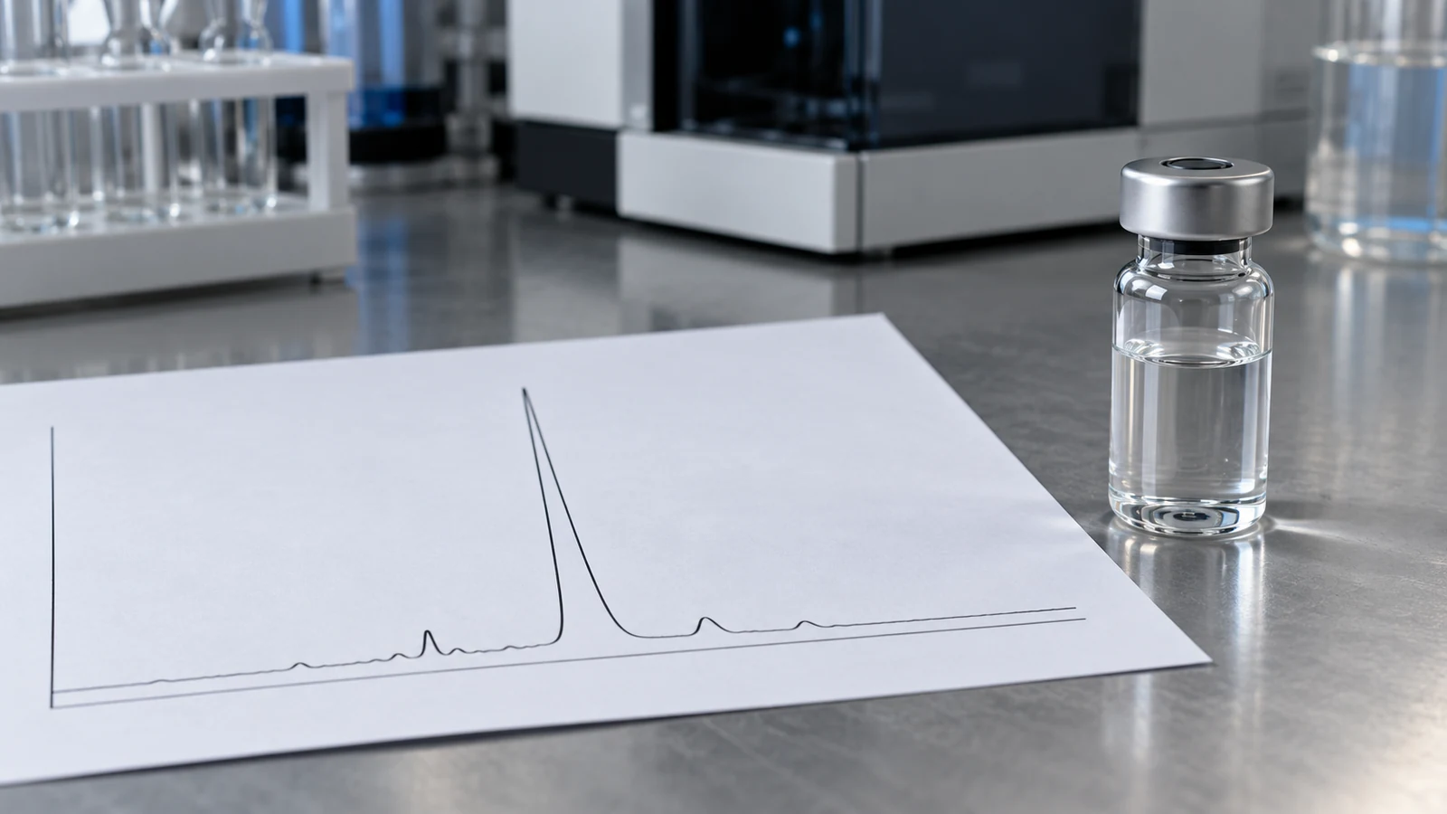 A printed lab curve on paper beside a sealed vial on a bench with test tubes behind.