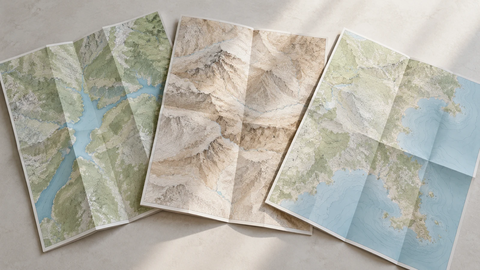 Three folded topographic maps fanned out on a table.