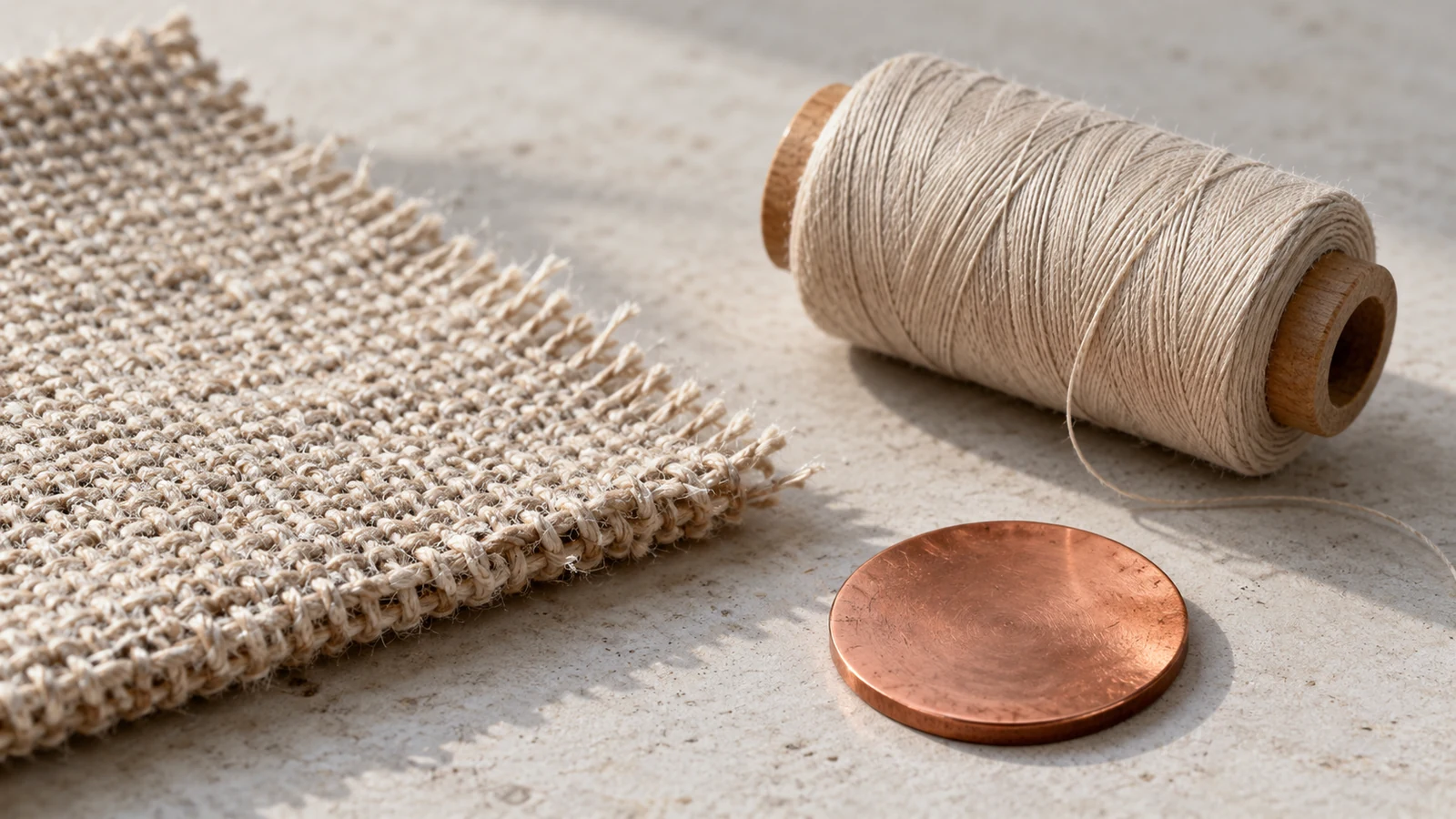 Three materials stacked on a pale surface: a woven swatch, a wound thread spool, and a copper disc.
