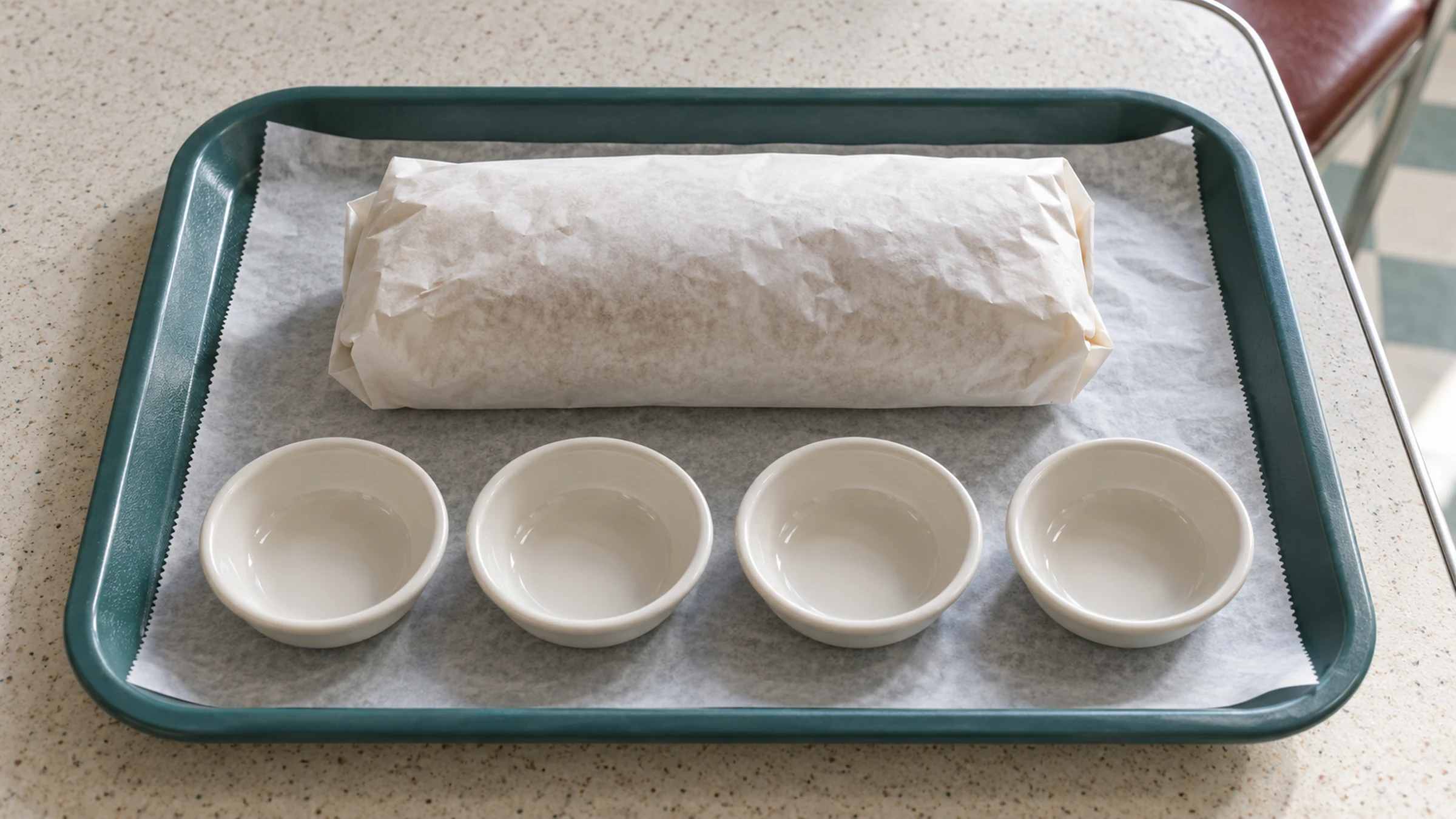 A cafeteria tray holding four small identical dishes in a row.