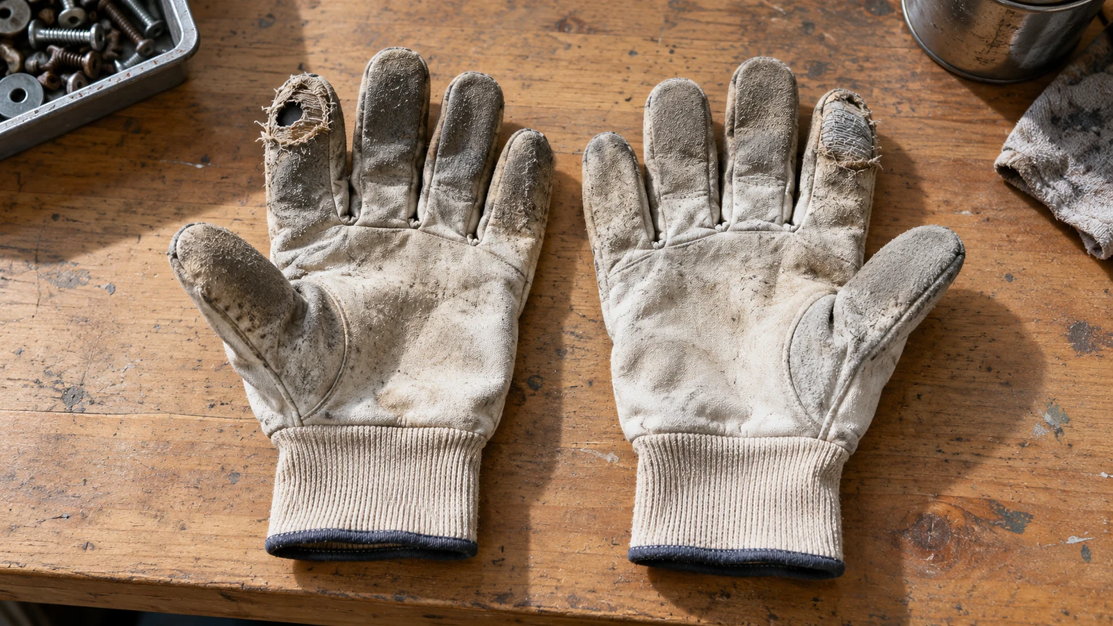 A pair of worn work gloves lying side by side on a wooden bench.