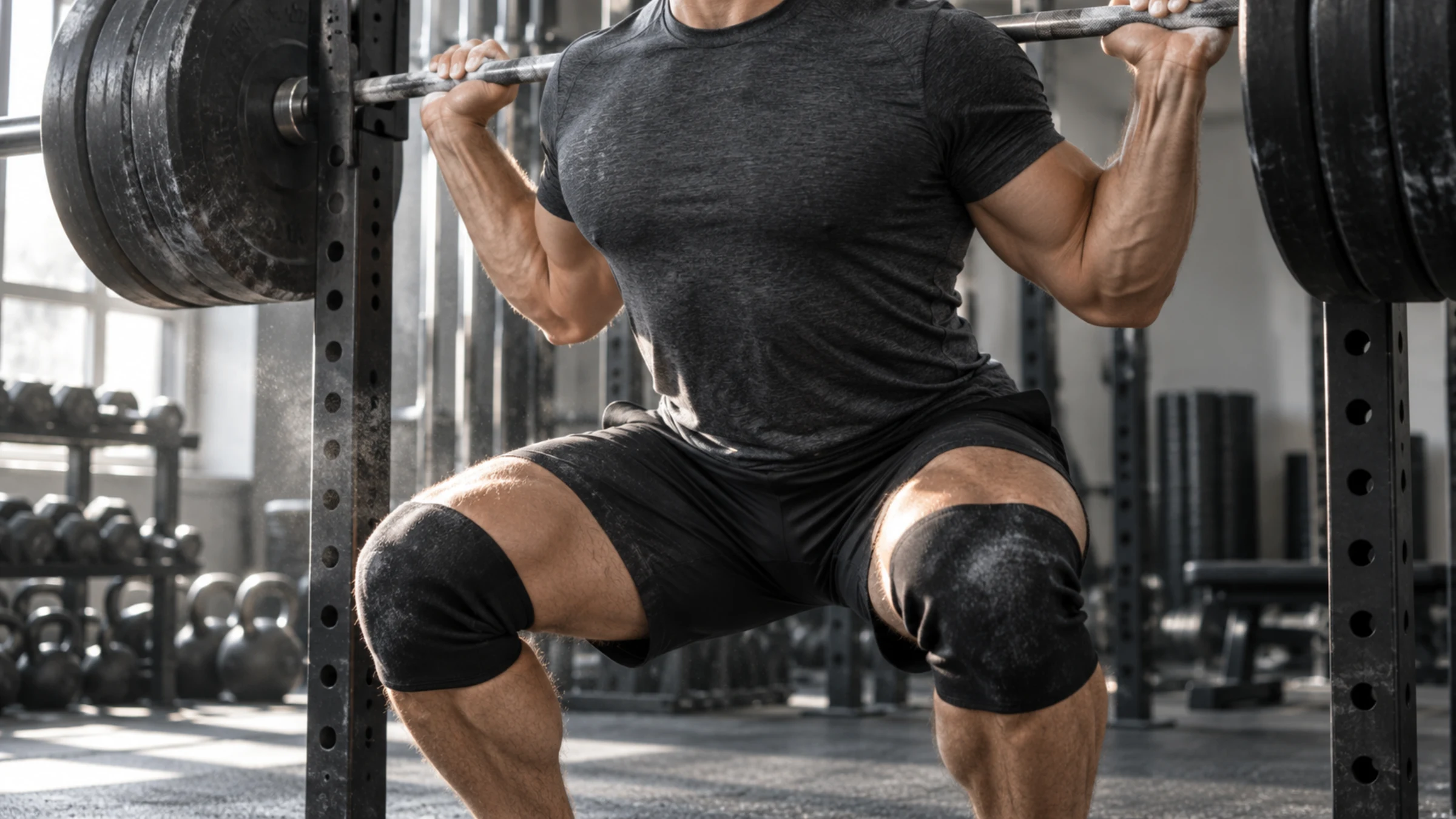An athlete squatting under a loaded barbell in a rack on a gym platform.