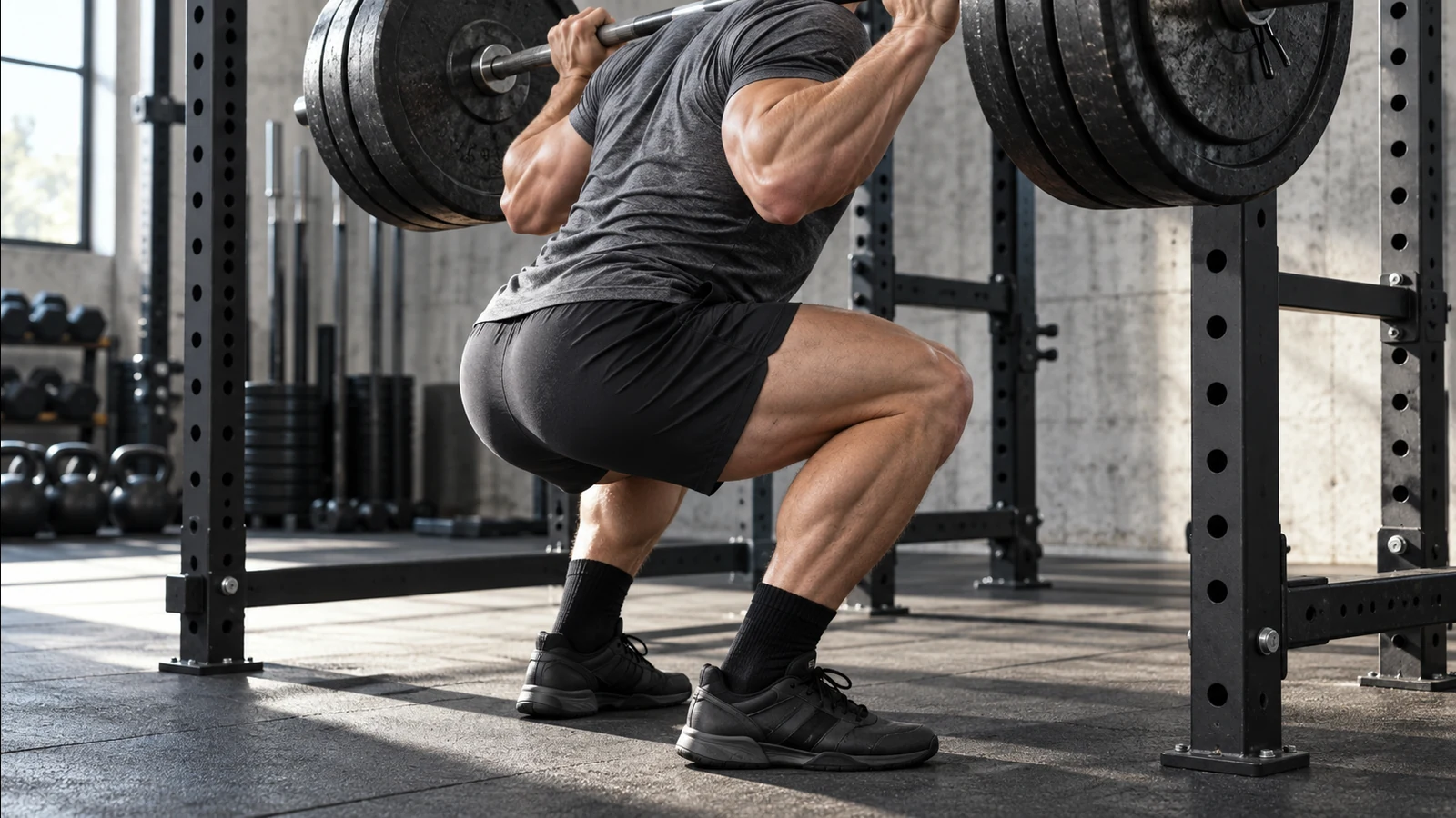 A person performing a barbell back squat inside a rack in a gym.