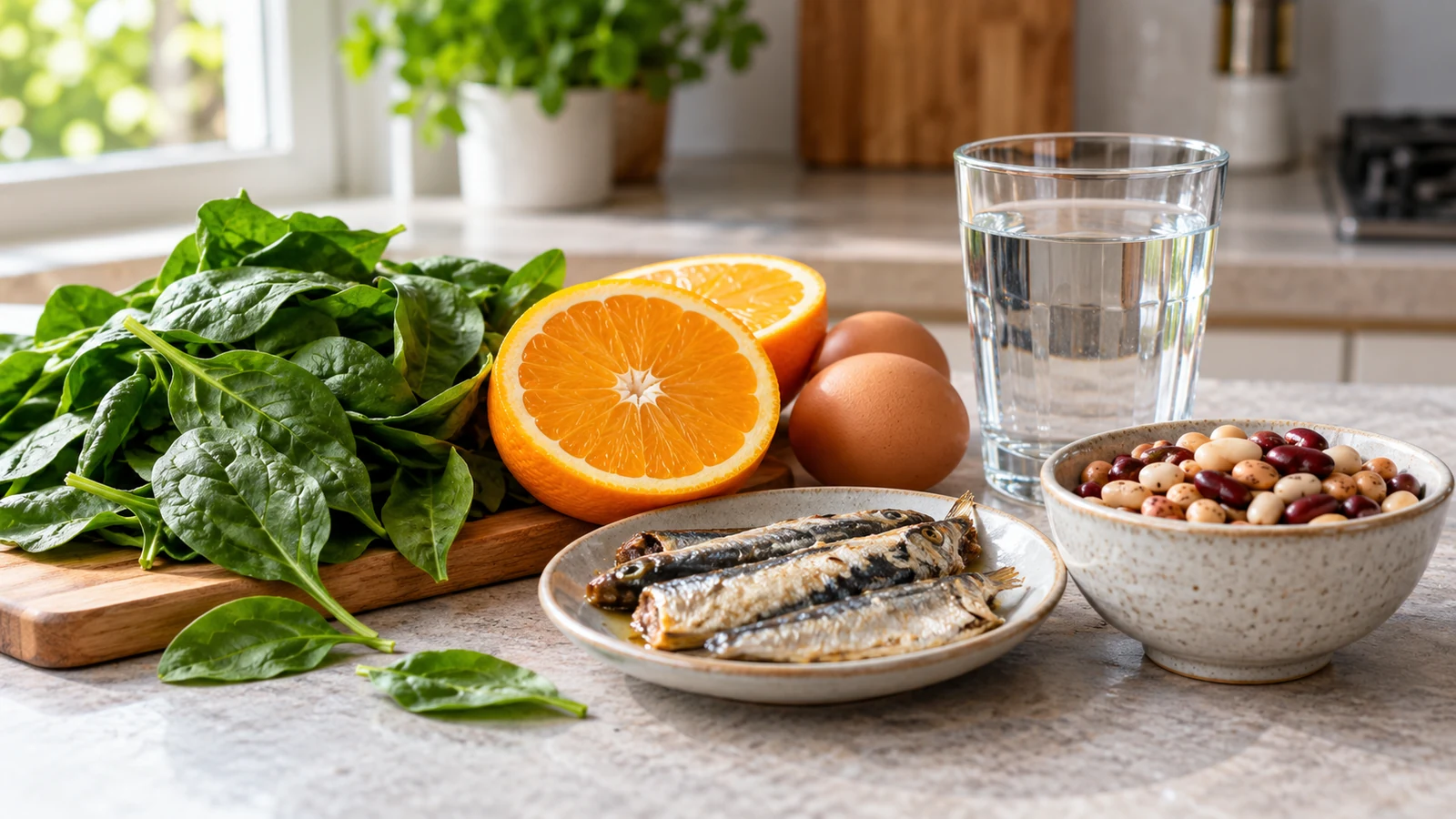 Spinach, a halved orange, eggs, sardines, and a bowl of mixed beans beside a glass of water on a kitchen counter.