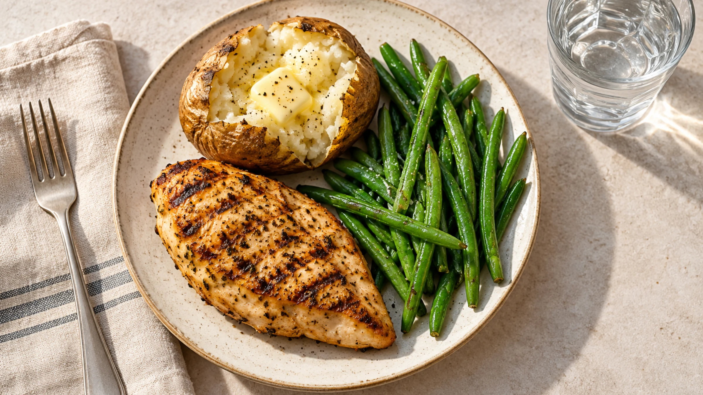 An overhead plate of grilled chicken with green beans and a baked potato, beside a glass of water.