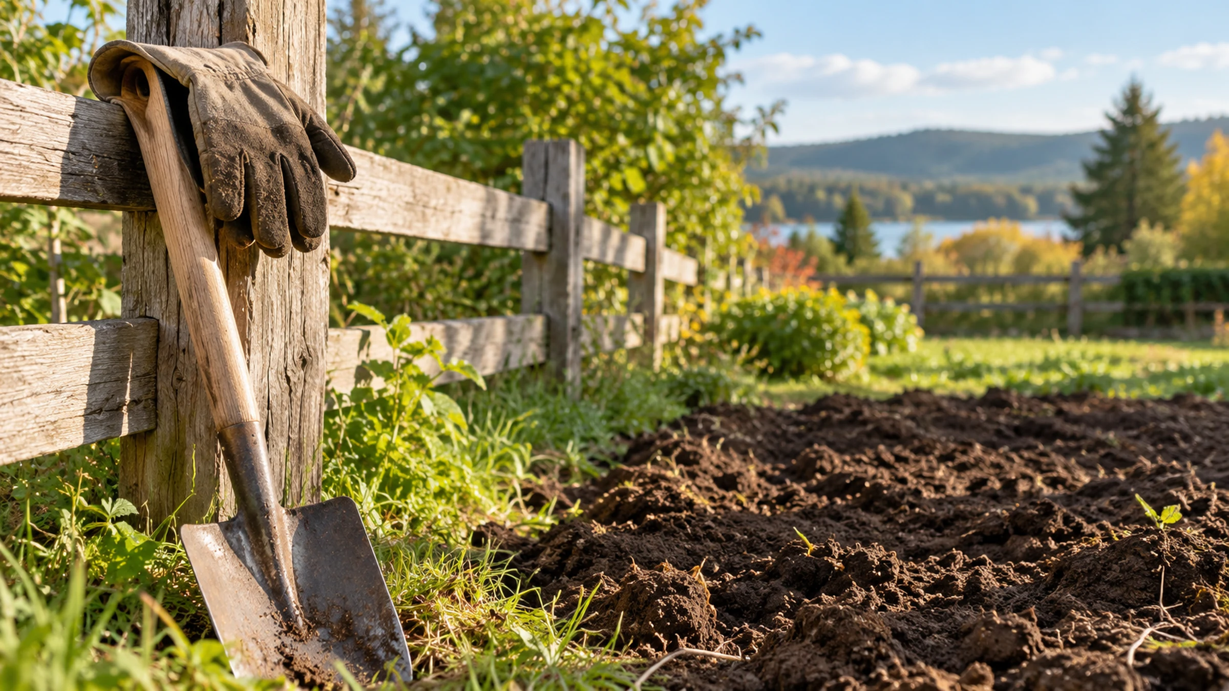 Work gloves hanging on a shovel beside a wooden fence, with turned garden soil in the foreground.