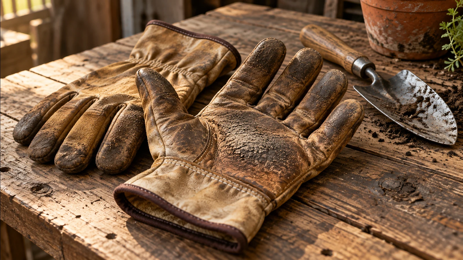 Worn leather work gloves and a hand trowel on a weathered wooden bench beside a clay pot.