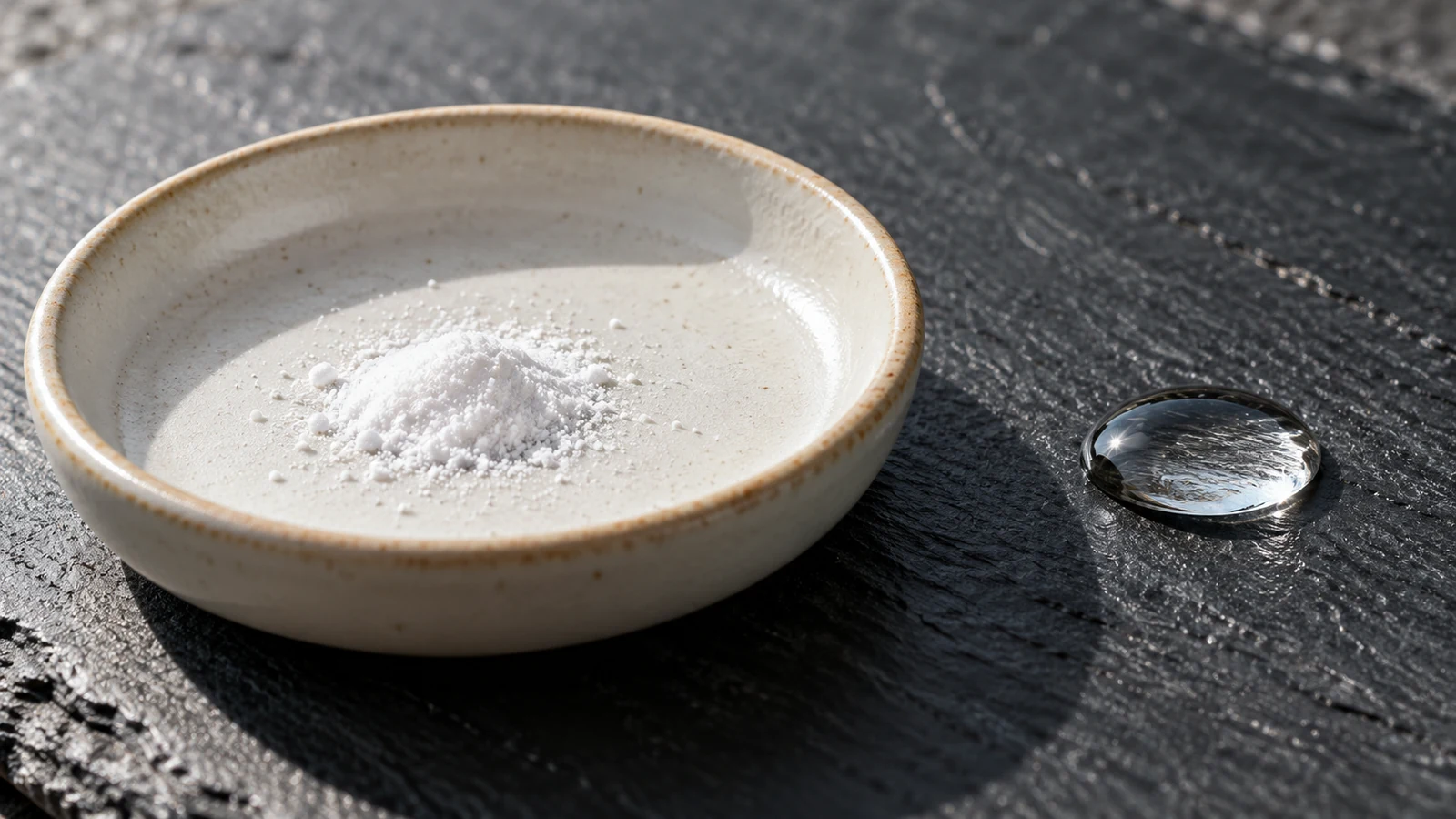 A film of fine white powder and a single bead of water on a dark slate surface.