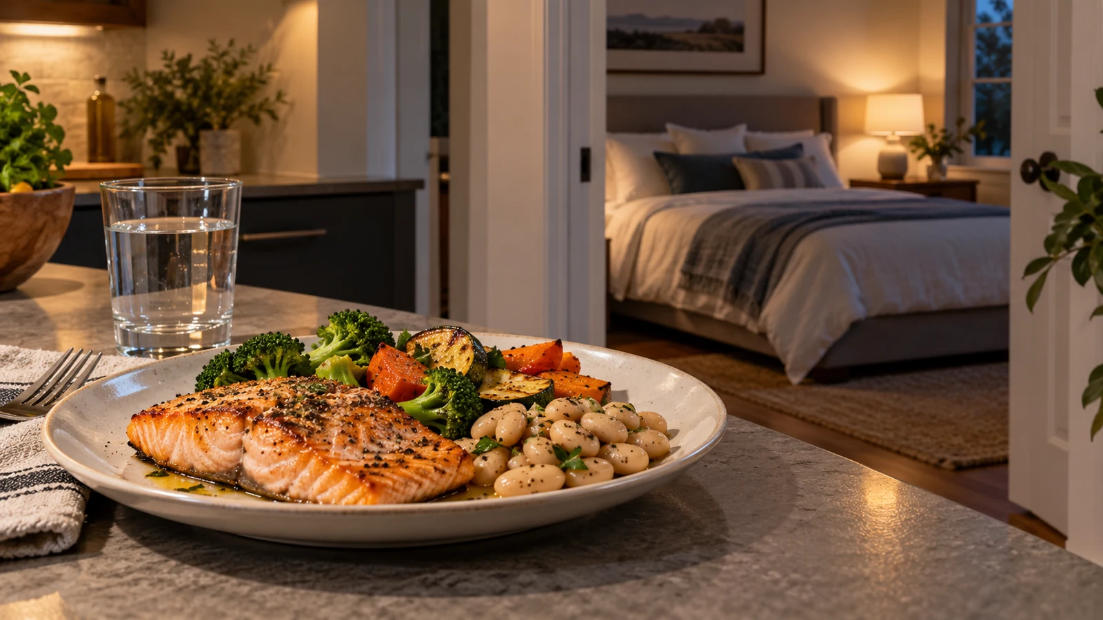 A plated salmon dinner with vegetables and beans on a kitchen counter, an open bedroom door with a made bed behind.