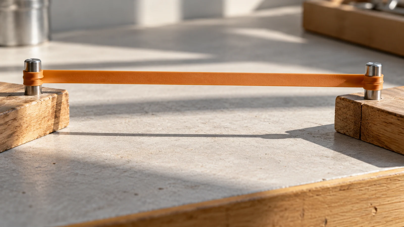 A taut orange band stretched between two wooden blocks on a pale floor.