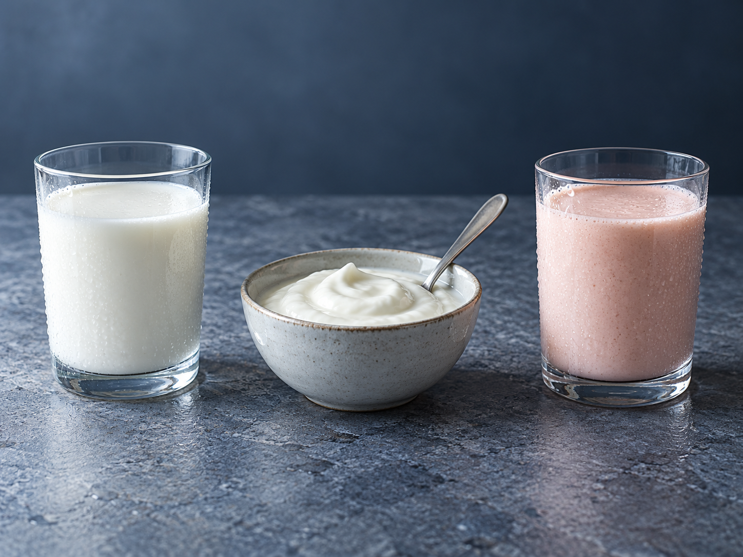 Chilled milk in a glass, a bowl of yogurt and a pink smoothie-style drink on a cool stone surface.
