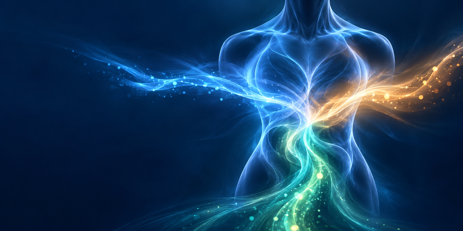 Conceptual illustration: glowing blue, gold and mint signal paths converging into a single human silhouette.